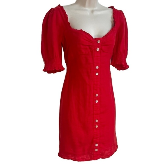 NWT Zara Red Linen Sweetheart Ruffle Mini Dress Button Accent Pullover Medium - Picture 6 of 12